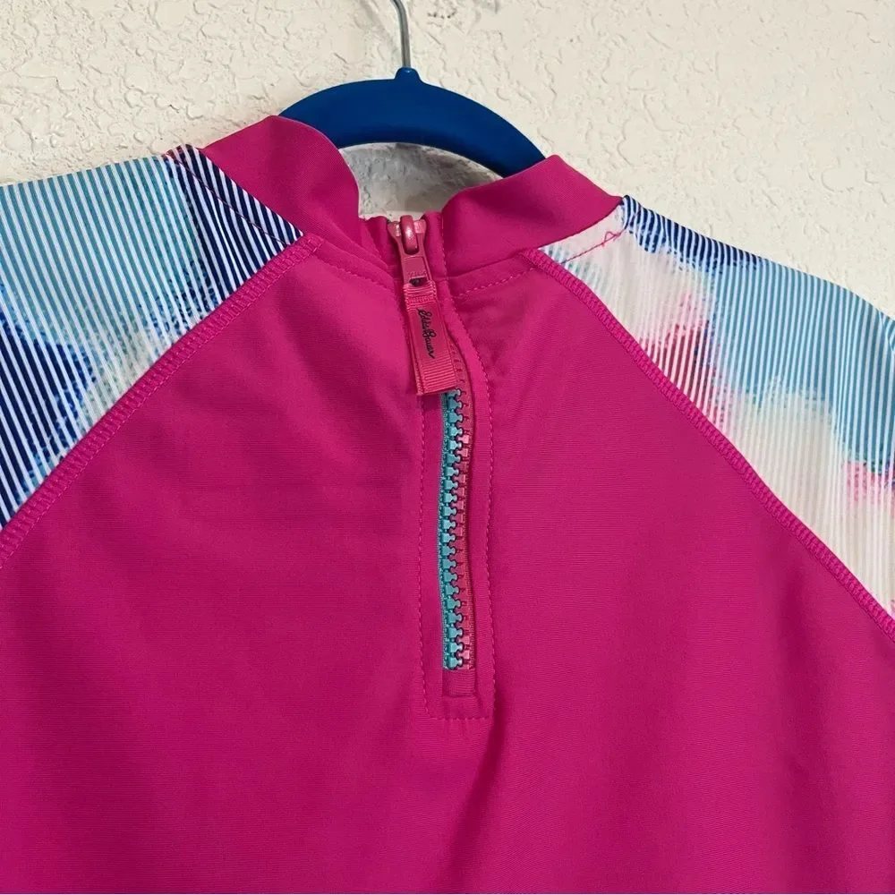 Eddie Bauer Rash Guard Girls Top Size S 7/8 Pink Tie Dye Short Sleeve Swimwear